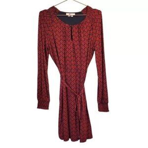 Boden | Jersey Knit Tie Waist Long Sleeve Round Neck Printed Dress Red